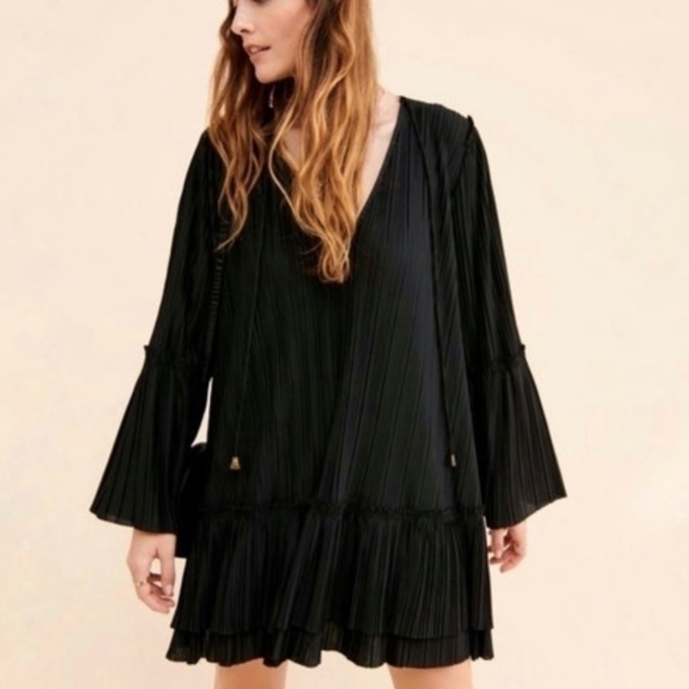 Free People Small NWT Black Pleated‎ Bell Sleeve Whimsical Fairy Cottage Dress